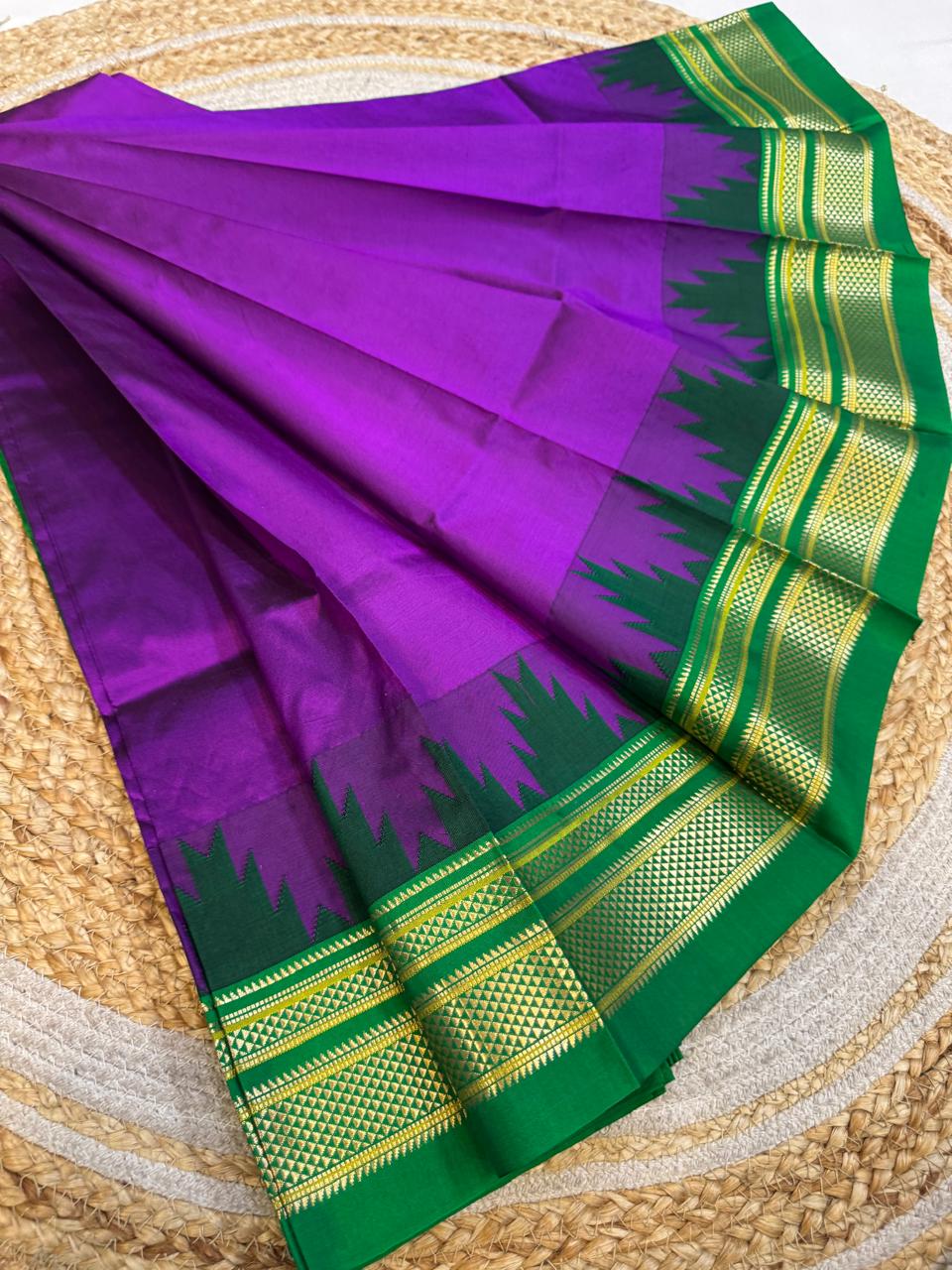 
*Big Temple Border Ilkal*

Exclusive silk ilkal saree 
Pure silk big temple border design superior quality ilkal saree
With contrast blouse 
6.10mtrs length 
Full body pure silk Border, pallu & blouse semi silk 