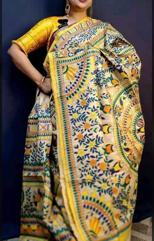 Fabric..Tussar by Ghicha with Beautiful All over Madhubani Hand paintingsilk sarees..
Premium quality and Fast delivery
Length 6.50 meter..Quality will be pure Handloom silk sarees..
