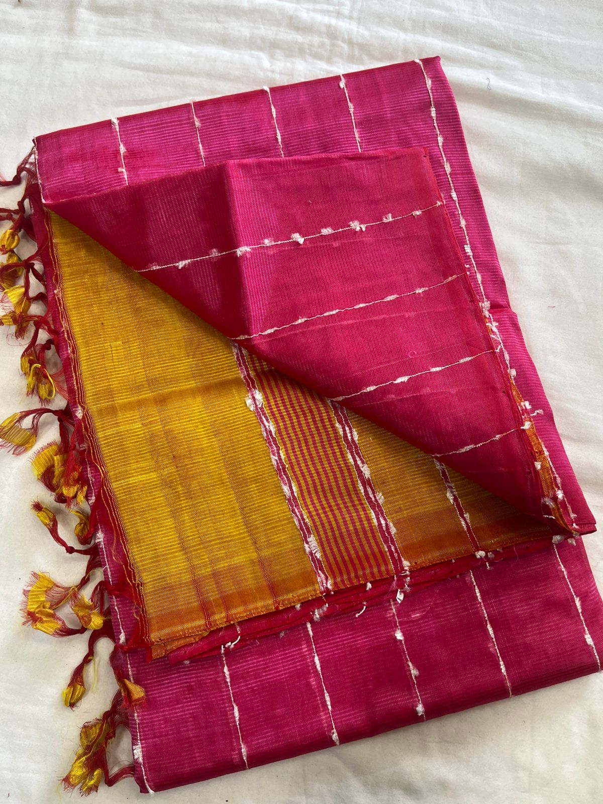 **Material **:- Mangalagiri handloom pattu by cotton 

**Model **:- all-over zari lines model sarees 

Contrast zari lines pallu & blouse