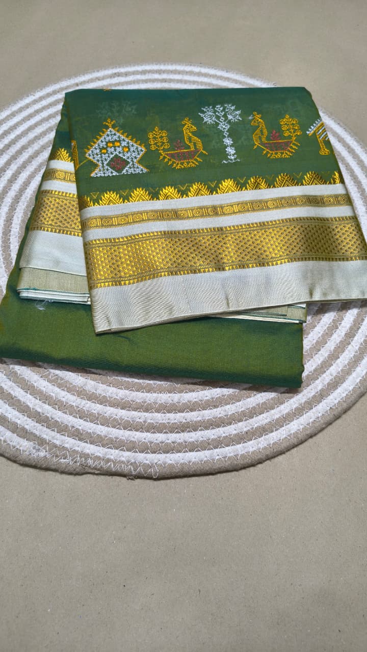 Material - Maserised cotton 
Border - Temple border, Chikki Paras
Saree Name -kasuti saree 
Pallu -Ilkal pallu top
Blouse -contrast
Saree length- 6.20