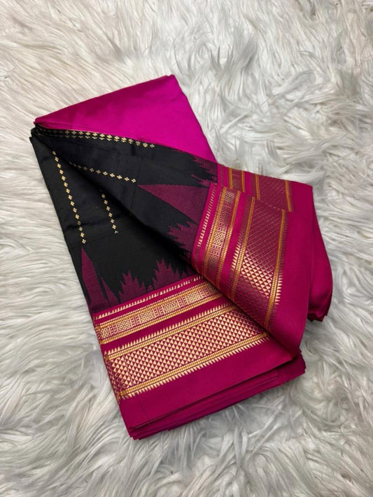 Material - pure silk 
Border - chikki paras
Saree Name -ilkal pure silk horizontal and also vertical stripes jari with temple border saree
Pallu -silk pallu
Blouse -contrast
Handloom -yes
Saree length- 6.2