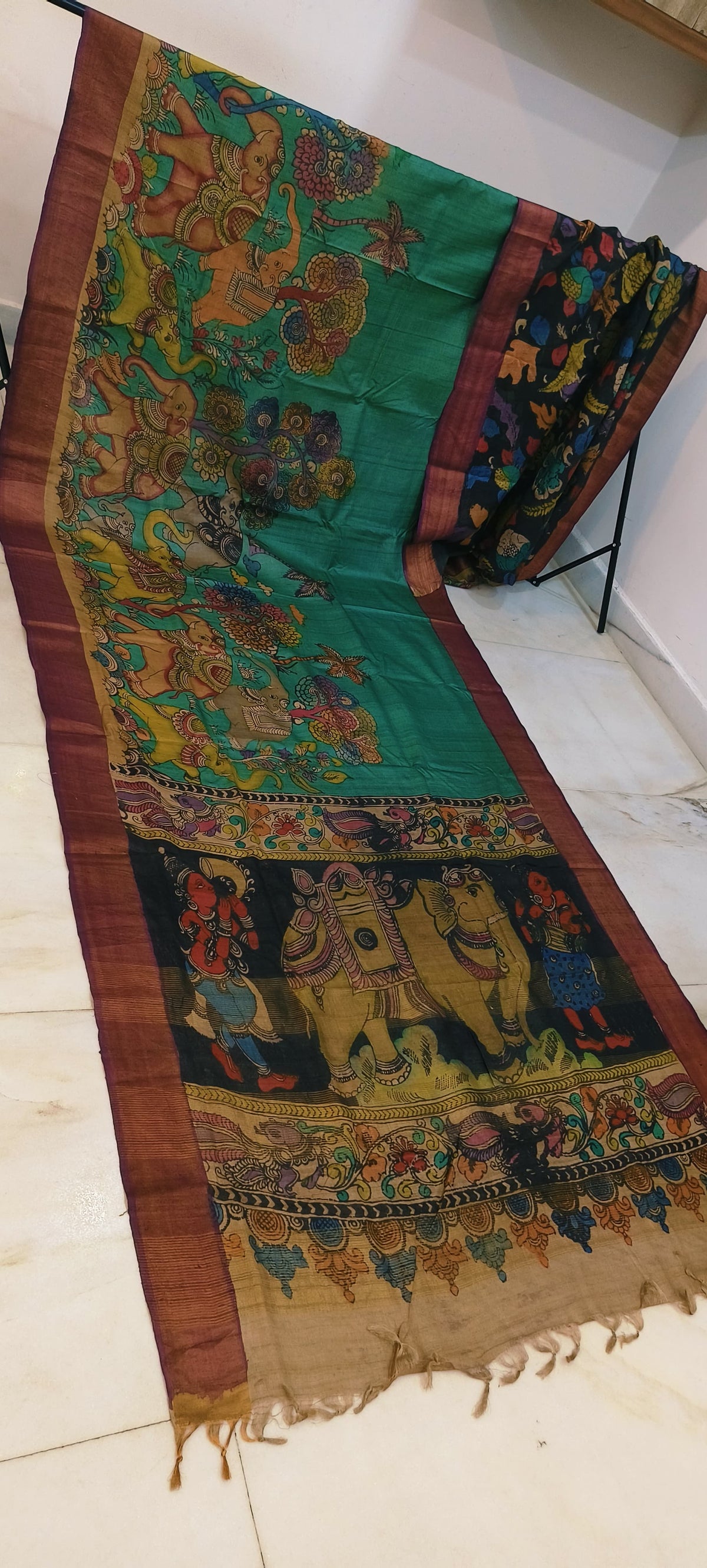 Pen kalamkari on tussar silk
pure desi tussar silk hand painted saree