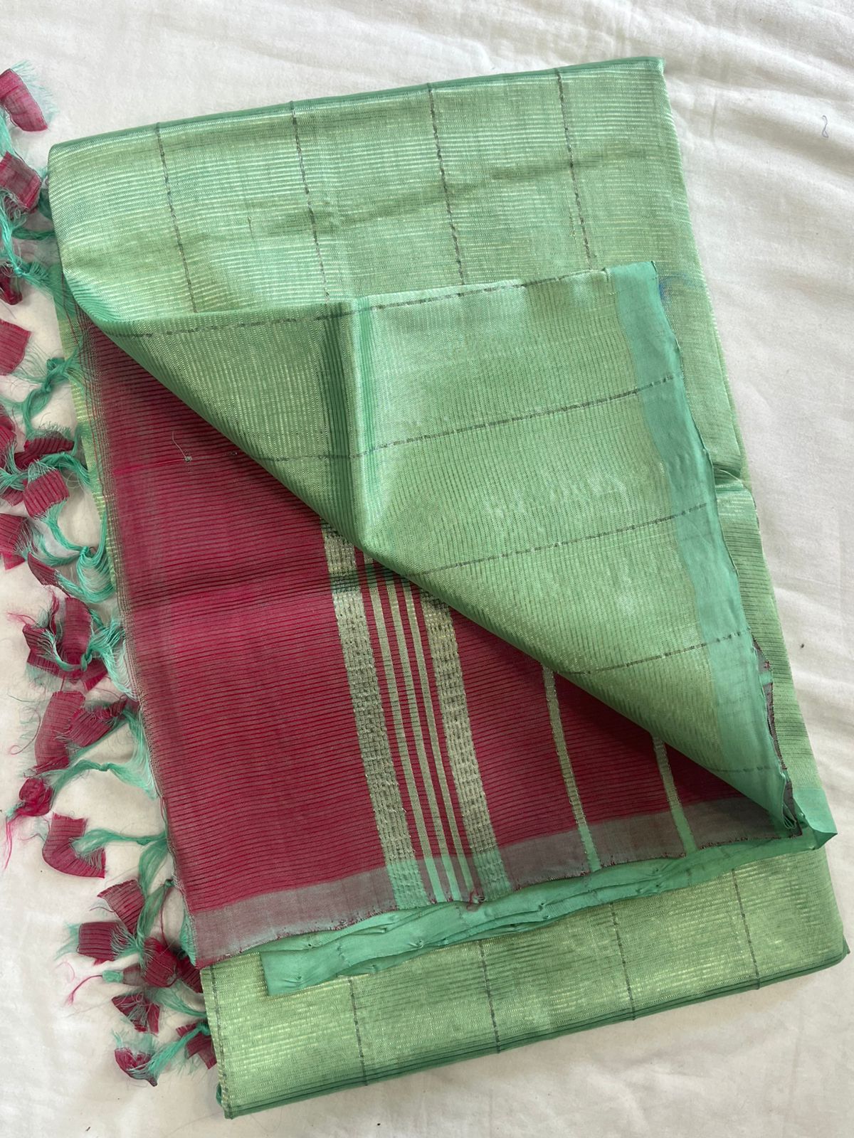 **Material **:- Mangalagiri handloom pattu by cotton 

**Model **:- all-over zari lines model sarees 

Contrast zari lines pallu & blouse
