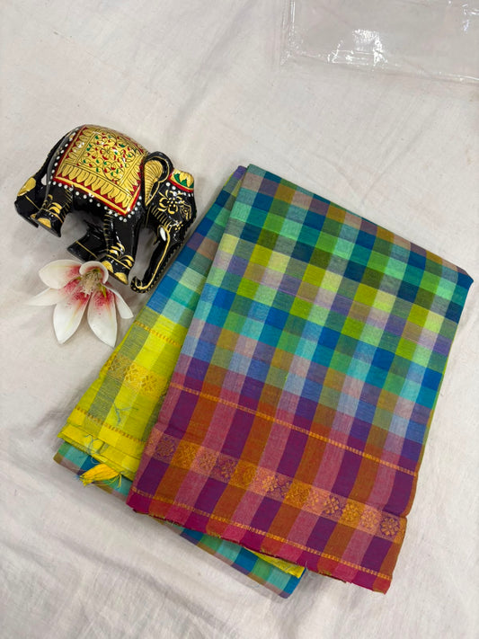 *Pure Mangalagiri Cotton Sarees*

*Saree Allover Multi Colour Checks*

*Pallu and Blouse Contrast*