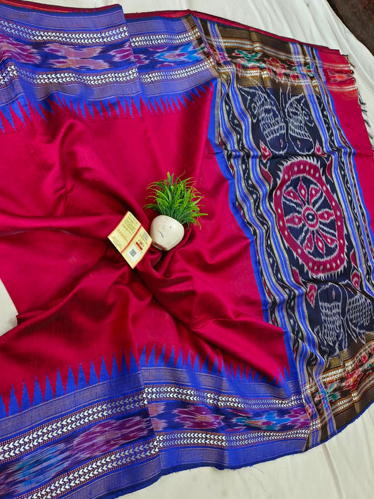 *Pure raw silk handloom Ikkat and vidarbha temple border saree with contrast blouse*
Pure raw silk saree
Silk mark certified
Handloom made
Best quality