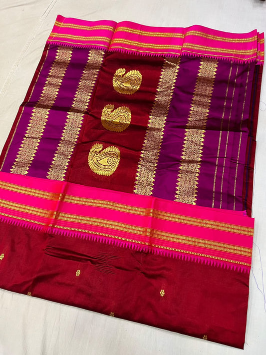 *Narayanpeth silk saree*
Running blouse 
Shoulder butti 
Pure silk
*Price: 6300/- + ship*