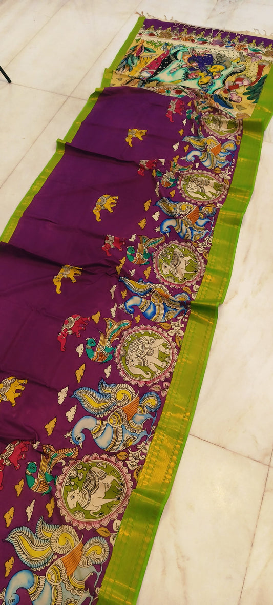*Mangagiri silk sarees*
*Pen kalamkari sarees* 
*Hand drawn hand painted sarees* 
🌺🌺🌺🌺🌺🌺🌺
*Length 6.5 mtr*
*Width 44 inch*