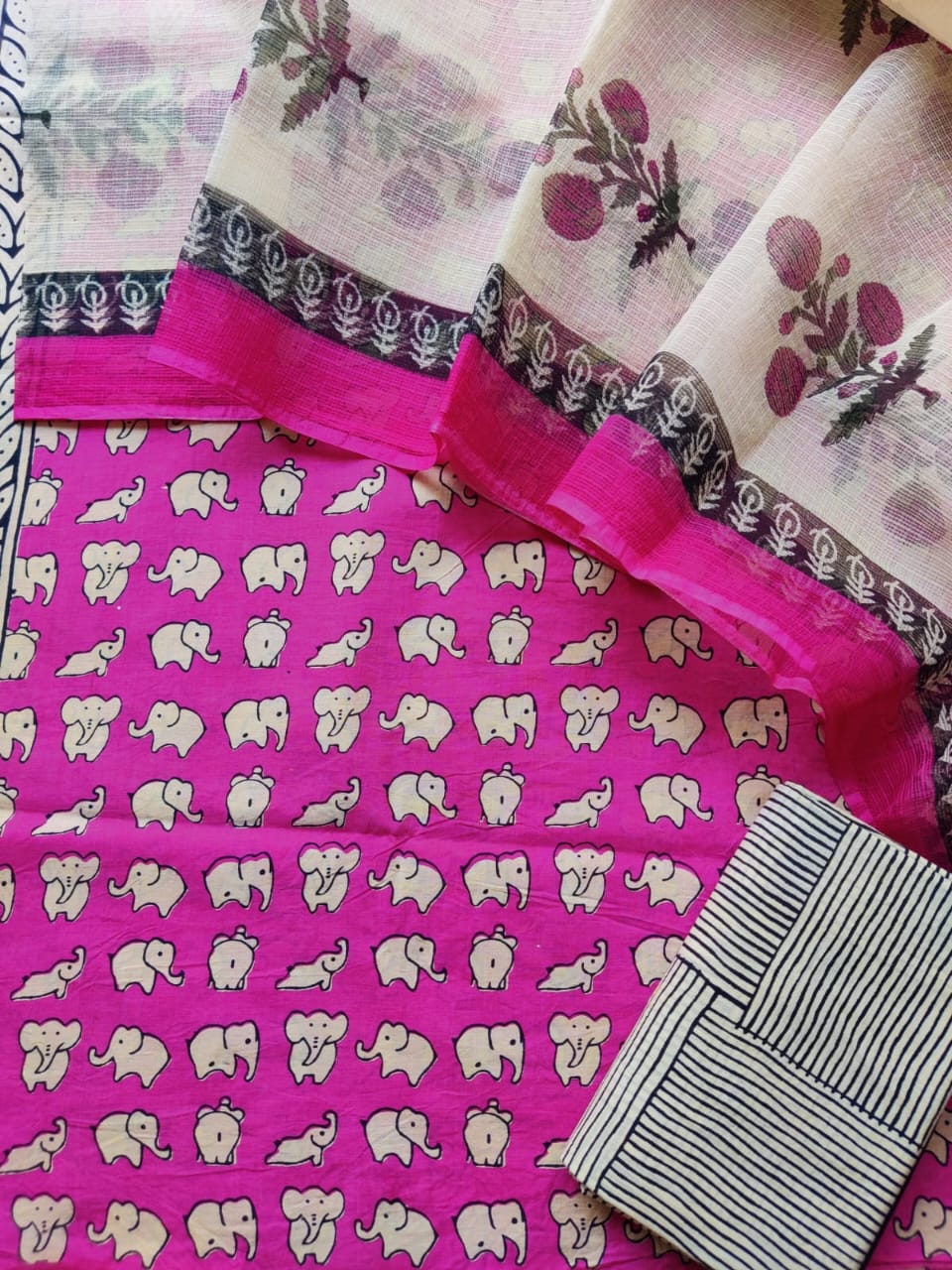 Block printed cotton suit with kota doriya duppta 
Top @ bottom *cotton*
Duptta  *kota doriya*