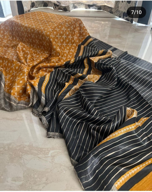 Screen print on gheecha tussar saree with silk mark