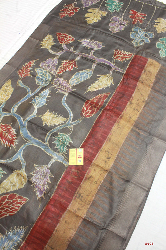 👆Pure Kosa Silk, Hand-batik Print Saree With Blouse Piece