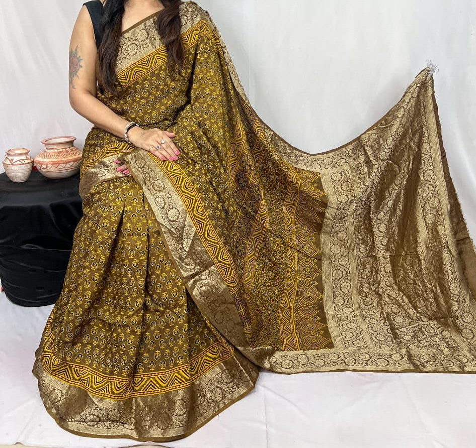 Doranya | Ajrakh Saree on Dola Silk