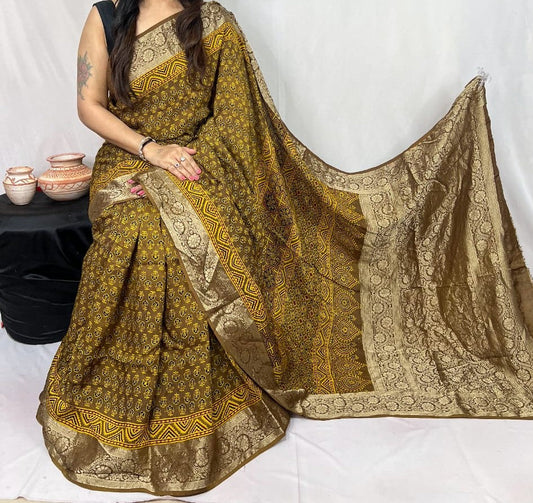 Doranya | Ajrakh Saree on Dola Silk