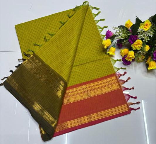 😇 *Kanchi cotton sarees*
🦋 *Pure cotton Sarees*
🎉 *Fancy plain cotton sarees with line  pallu*
🐟 *80 *80 counts*
🧶 *With running blouse*
🦢 *6.20mtrs saree length*