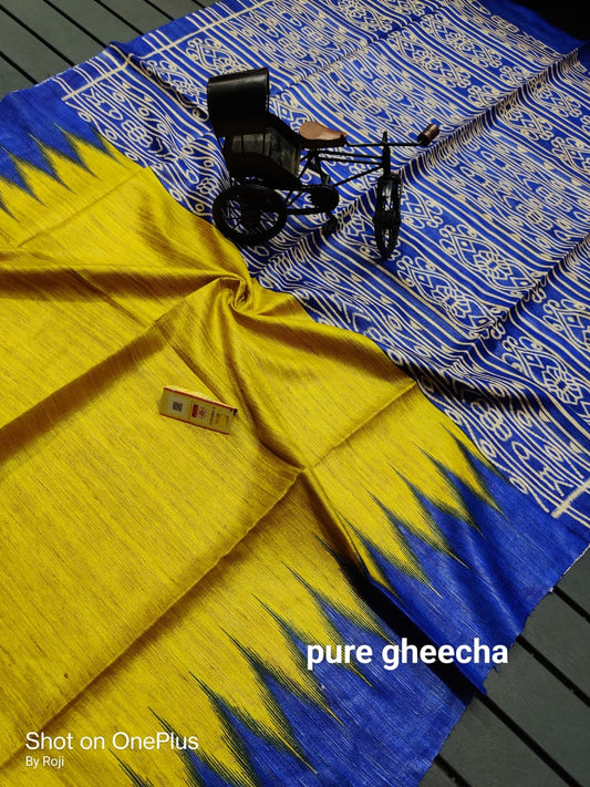 Pure tussar ghicha temple border ikkat print silk handloom saree with blouse pc.
Silk mark tag 
