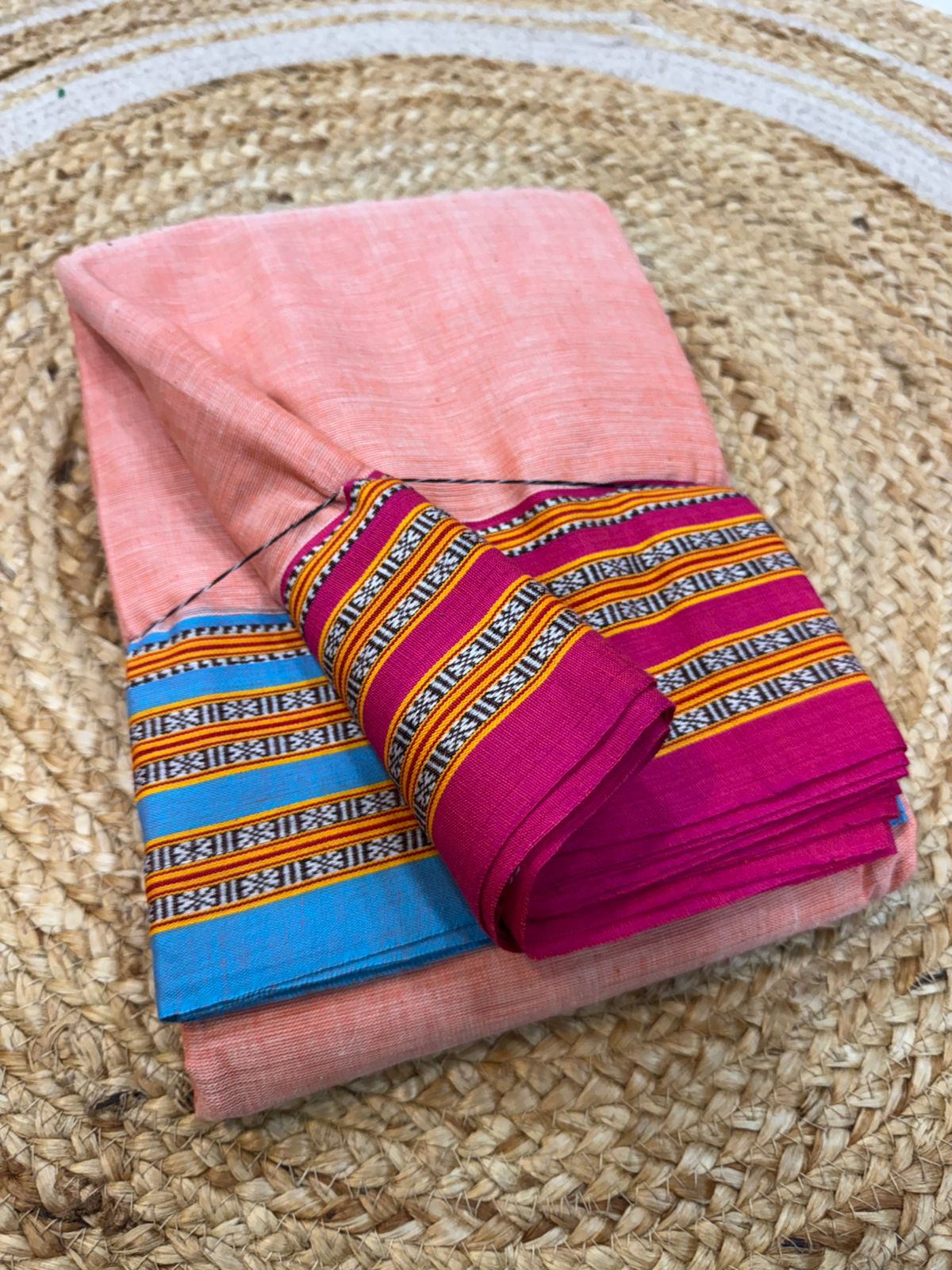 
Pure cotton handwoven *Goomi border & Gaadi border* saree With Running Blouse same as body 
With handloom tag . 