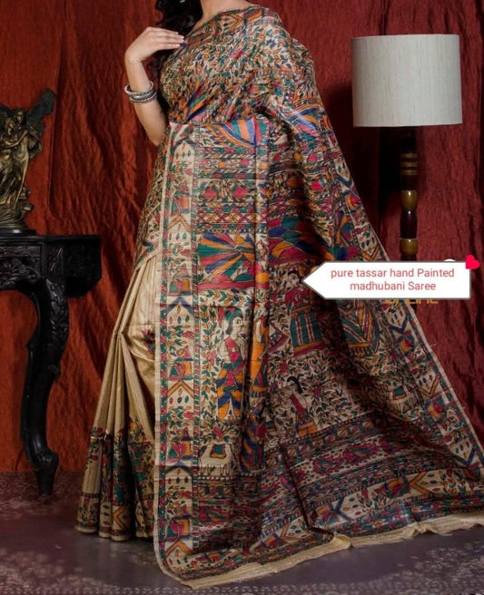 Grivanta |  Pure Tussar Ghicha Madhubani Saree