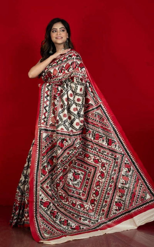 Fabric..Tussar by Ghicha with Beautiful All over Madhubani Hand paintingsilk sarees..
Premium quality and Fast delivery
Length 6.50 meter..Quality will be pure Handloom silk sarees..

