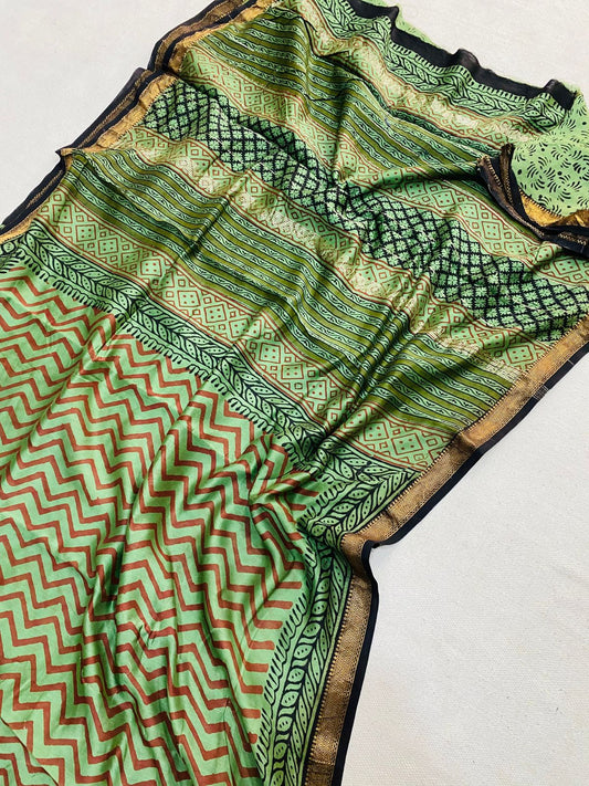 Let’s Wear #ethicallymade✅
🍁Beautifully Crafted Maheshwari Silk Saree  collection🍁
 Specially Designed in Bagru  jahota rapid dabu hand block print
100% Natural Dye
Fabric : Maheshwari Silk 
Length : 5.5 Meters
Blouse Piece : 0.90 Meter
