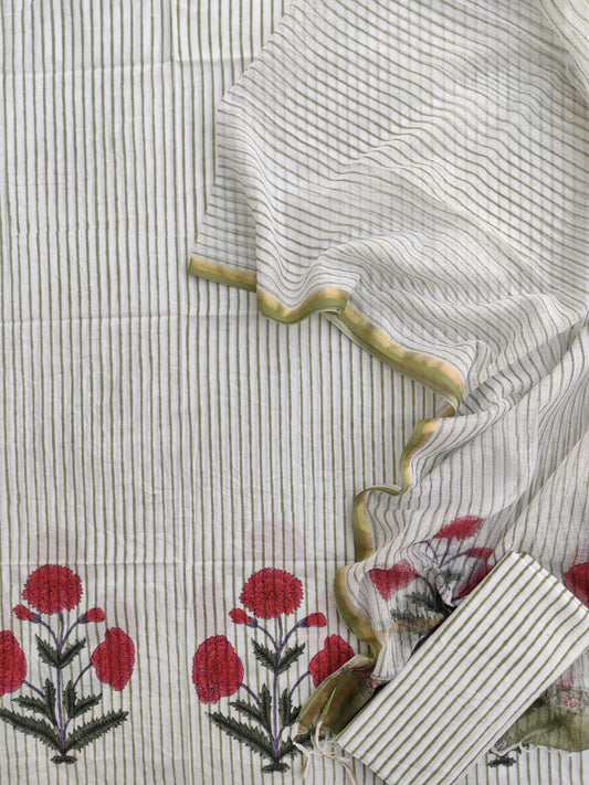 Now new arrivals 

Block printed cotton suit with kota doriya duppta 

Top @ bottom *cotton*
Duptta  *kota doriya*