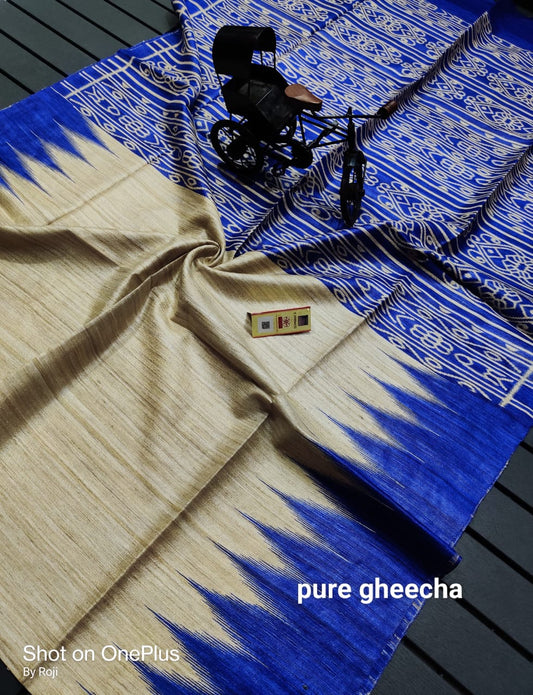 Pure tussar ghicha temple border ikkat print silk handloom saree with blouse pc.
Silk mark tag 

