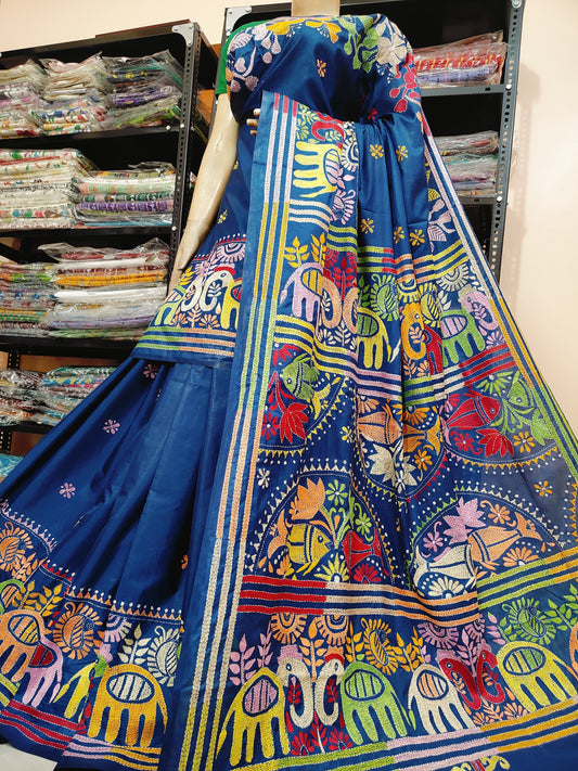 Traditional Shantiniketan hand Kanthastitch saree On 
Belendend bangalore silk Material 
With Kanthastitch Work Bp