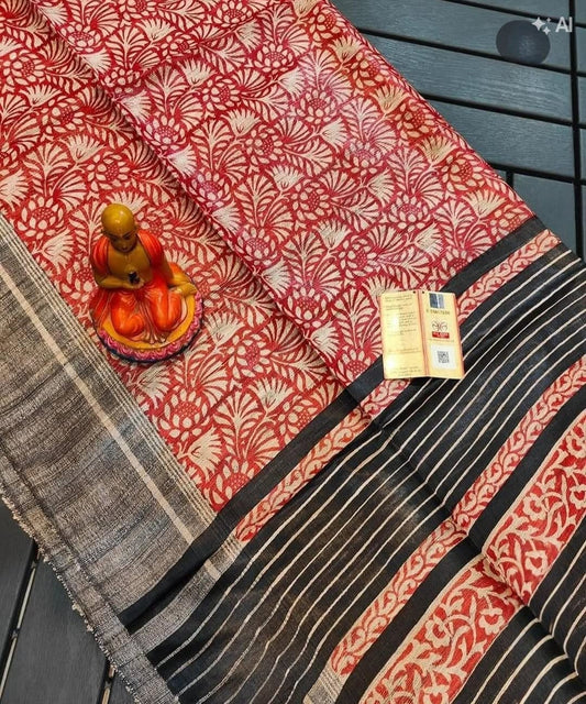 Screen print on gheecha tussar saree with silk mark