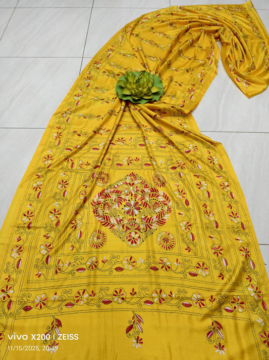 Kajalrani |  Blended silk saree with Kantha Embroidery