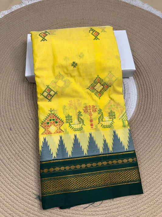 Material - Maserised cotton 
Border - Temple border, Chikki Paras
Saree Name -Tana warpa kasuti saree 
Pallu -Ilkal pallu
Blouse -contrast
Handloom -no
Saree length- 6.2