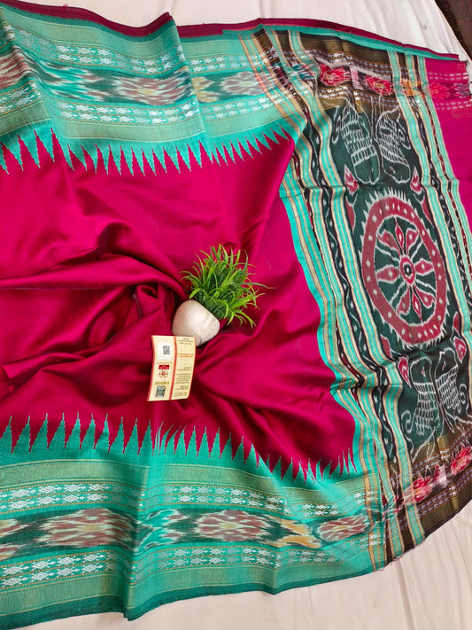 *Pure raw silk handloom Ikkat and vidarbha temple border saree with contrast blouse*
Pure raw silk saree
Silk mark certified
Handloom made
Best quality