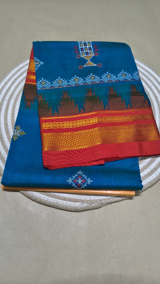 Material - Maserised cotton 
Border - Temple border, Chikki Paras
Saree Name -kasuti saree 
Pallu -Ilkal pallu top
Blouse -contrast
Saree length- 6.20