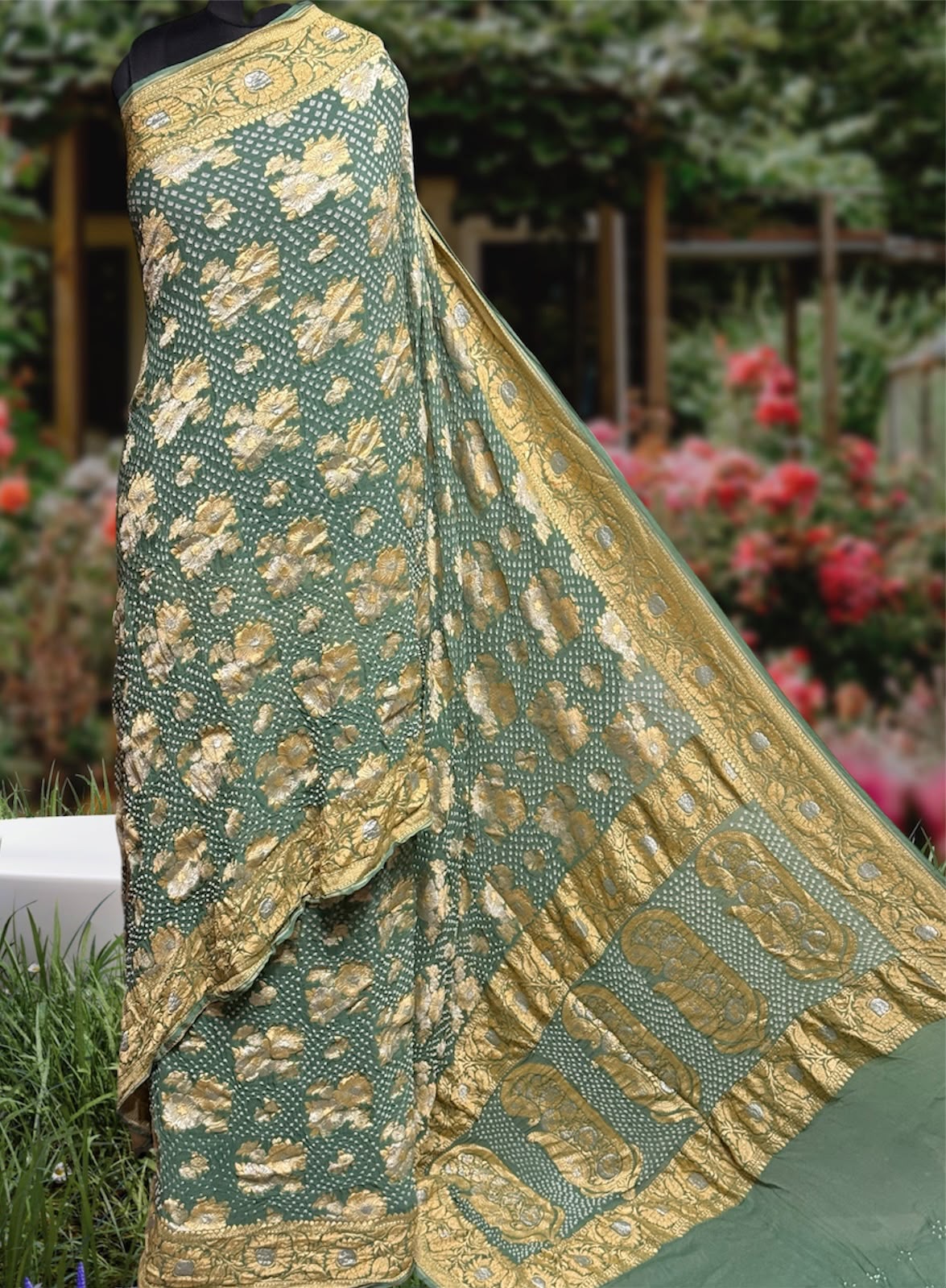 Sona Roopa rai Designer Bandhej Saree **

**Product Details:**
- **Fabric:** Khadi Georgette
- **Design:** Traditional rai aabadal  bandhej Real Nimzari, Beautiful Bandhej
- ** Pallu:** Designer silver Gold zari
- **Length:** 6.50 meters
- **Width:** 44-46 inches
- **Care:** Dry Clean Only
- ** colour:** ( Dark ) & ( light )