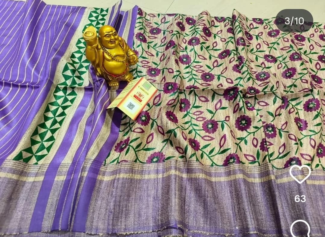 Screen print on gheecha tussar saree with silk mark