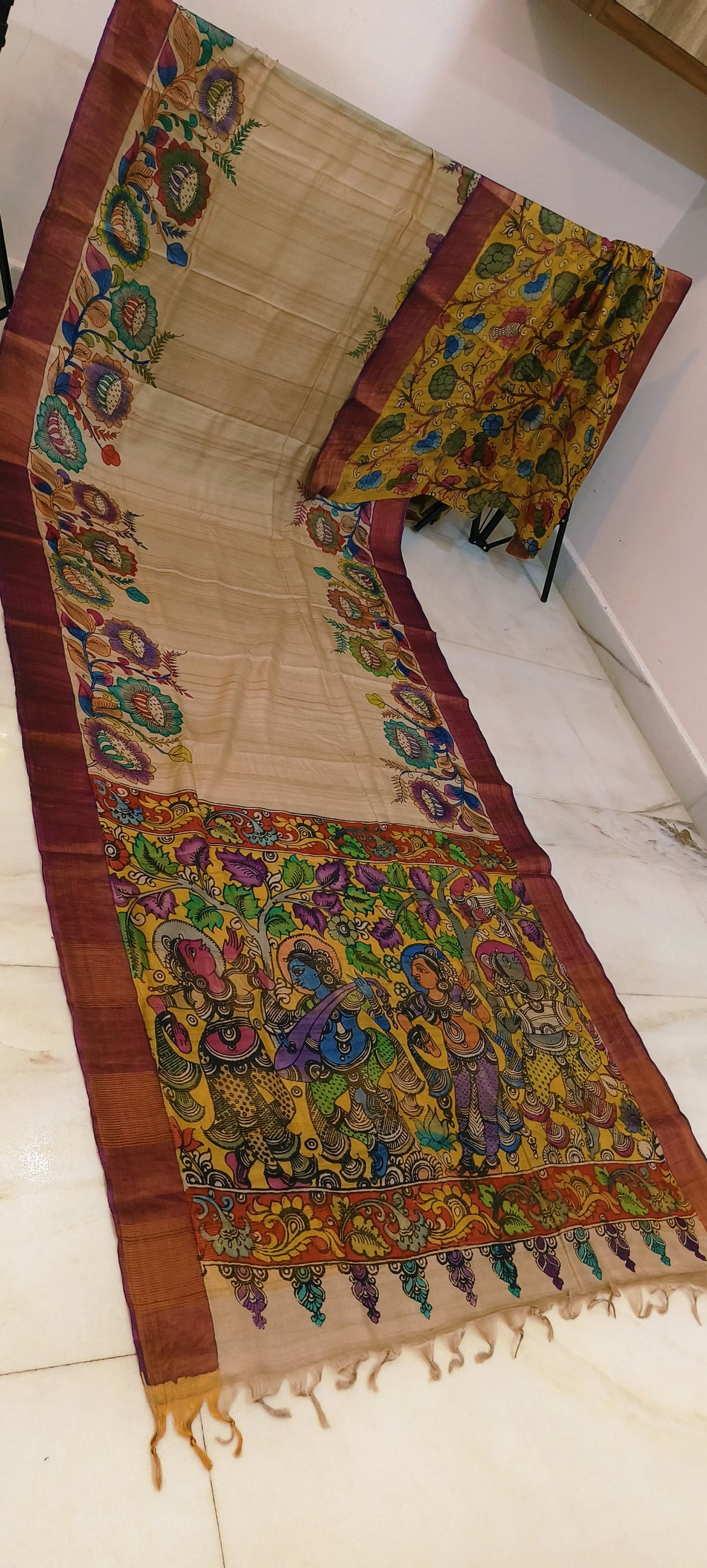 Pen kalamkari on tussar silk
pure desi tussar silk hand painted saree