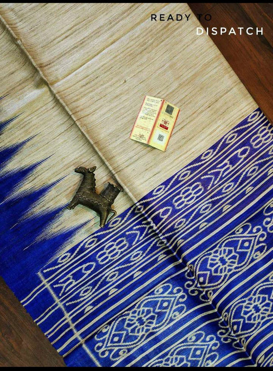 Pure tussar ghicha temple border ikkat print silk handloom saree with blouse pc.
Silk mark tag 

