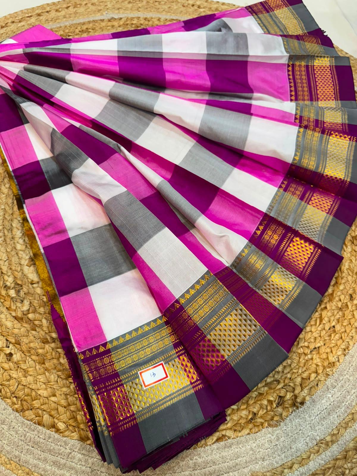 *ILKAL SAREE WITH SILK MARK* 

Exclusive premium quality pure silk Multi colour checks with zari lines design ilkal saree With Fancy Temple design Jari Pallu and contrast blouse 
6.10mtrs length 
Premium quality ilkal saree 
