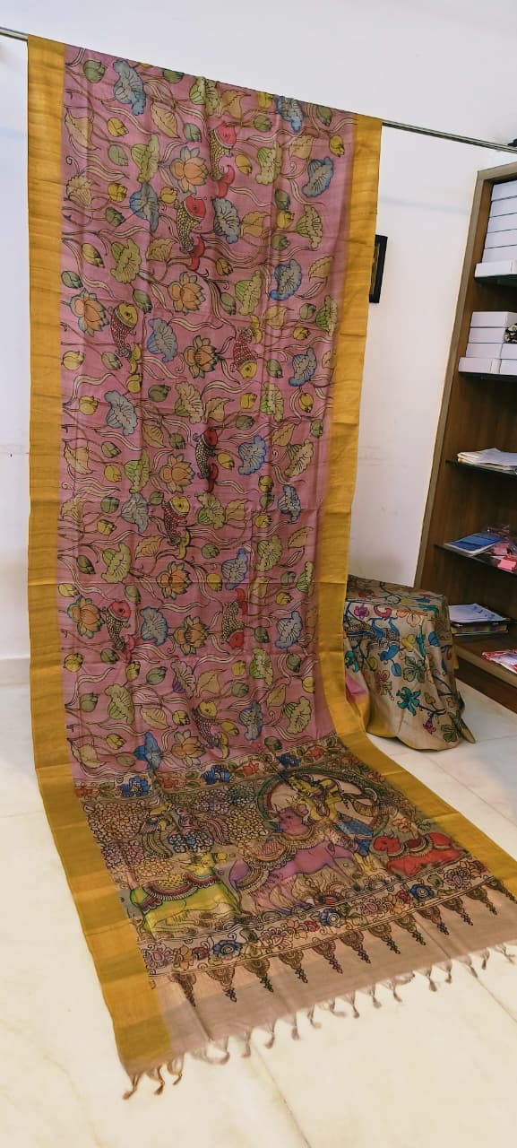 *Kalamkari on Tussar Silk*
*Pen kalamkari*
*Pure desi tusser silk and with hand painted sarees* 
*Length: 6.5 mtr*
*Width 45 inch*