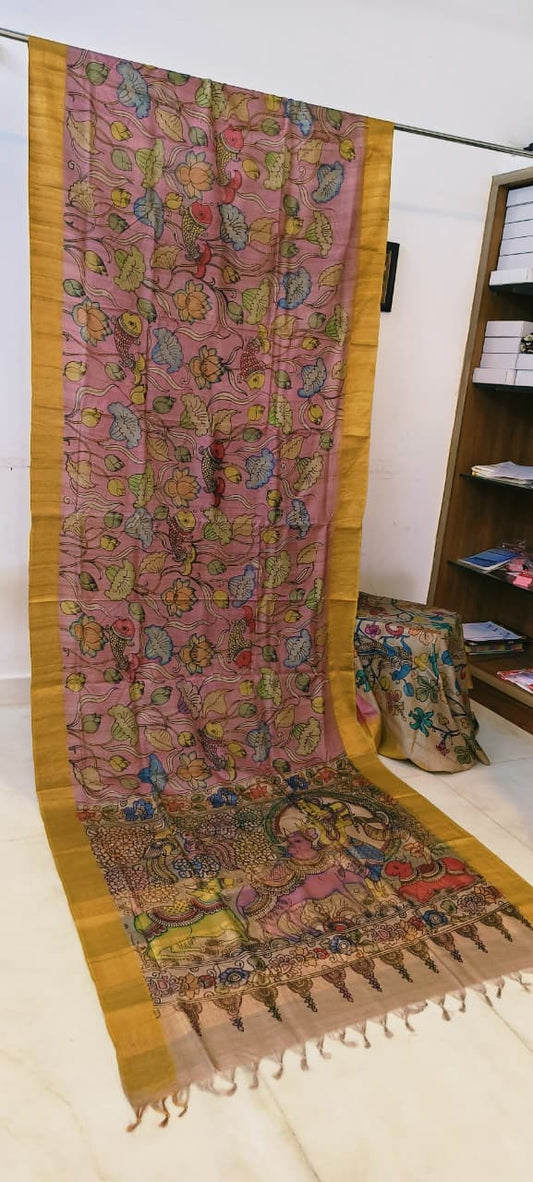 *Kalamkari on Tussar Silk*
*Pen kalamkari*
*Pure desi tusser silk and with hand painted sarees* 
*Length: 6.5 mtr*
*Width 45 inch*