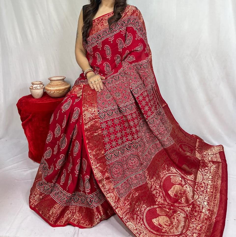 Dorvika | Ajrakh Saree on Dola Silk