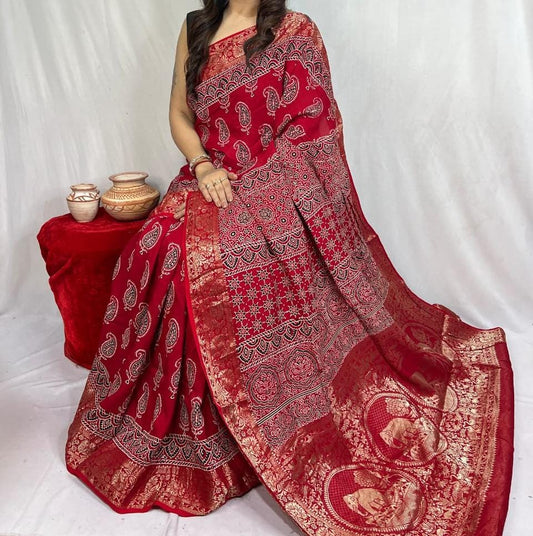 Dorvika | Ajrakh Saree on Dola Silk