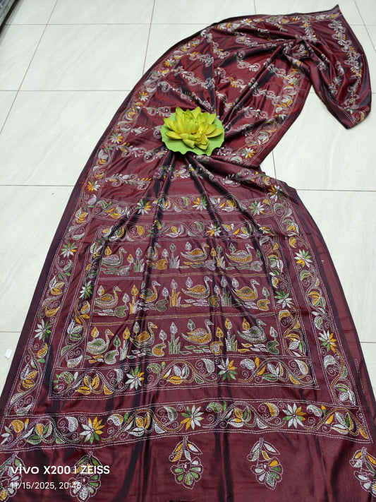 Kajalthi |  Blended silk saree with Kantha Embroidery