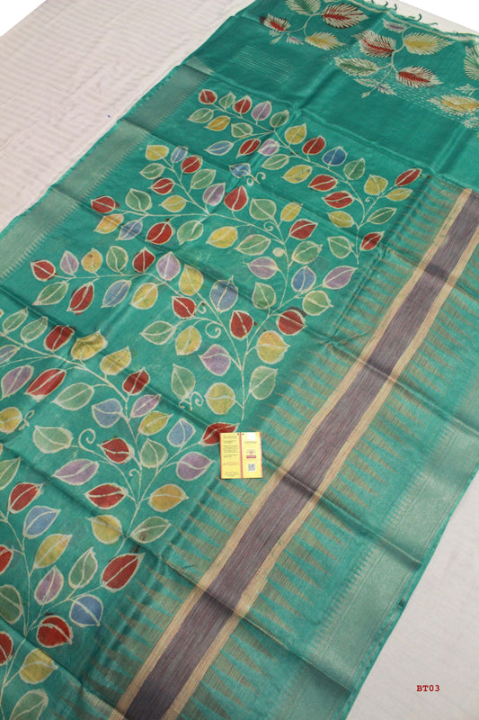 👆Pure Kosa Silk, Hand-batik Print Saree With Blouse Piece