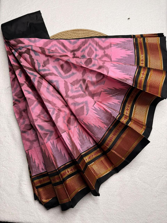 Material - pure silk 
Border - chikki paras
Saree Name -ilkal pure silk horizontal and also vertical stripes jari with temple border saree
Pallu -silk pallu
Blouse -contrast
Handloom -yes
Saree length- 6.2