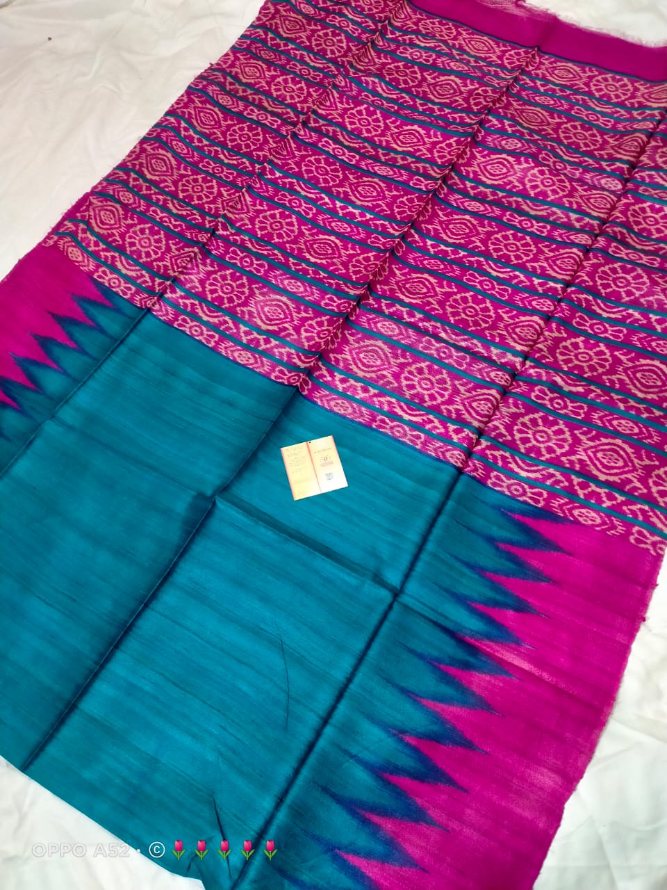 Pure tussar ghicha temple border ikkat print silk handloom saree with blouse pc.
Silk mark tag 
