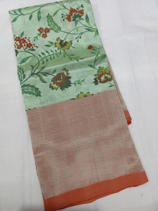 Hand woven mangalagiri (LT) 3D silk cotton screen print sarees without zari border 
Blouse : 80 cm contrast 