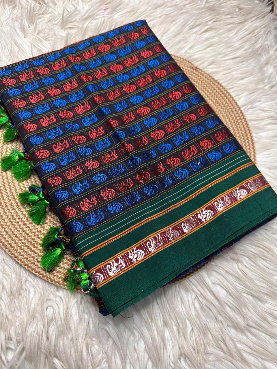 Material - viscos by cotton 
Border - fancy culture border
Saree Name -Khana  saree
Pallu -super tassel 
Blouse -running
Handloom -no
Saree length- 5.8 to 6 mitre
 These are powerloom Khana sarees with 72% cotton and 28% art cotton and rayon. All the sarees are with beautiful tassels.
