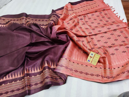 Pure tussar by  munga with beautiful temple embroidery design pallu and border silk handloom saree with blouse pc.
Available 
Best quality 
Silk mark tag 👈🏻