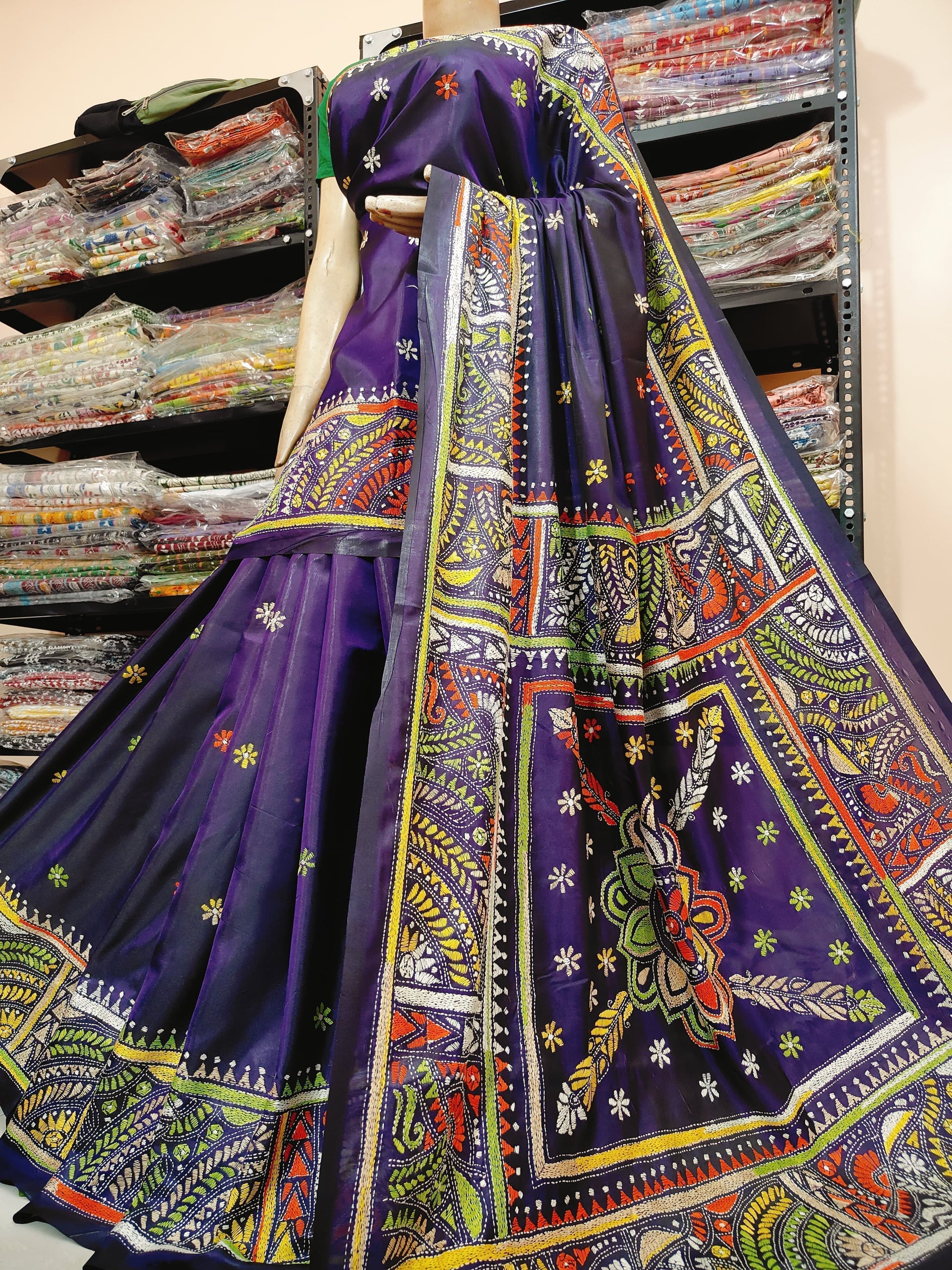 Traditional Shantiniketan hand Kanthastitch saree On 
Belendend bangalore silk Material 
With Kanthastitch Work Bp