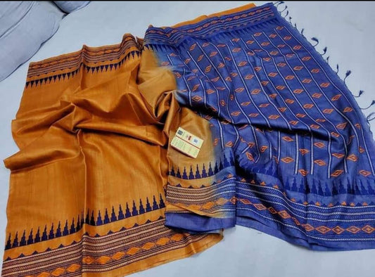 Pure tussar by  munga with beautiful temple embroidery design pallu and border silk handloom saree with blouse pc.
Available 
Best quality 
Silk mark tag 👈🏻