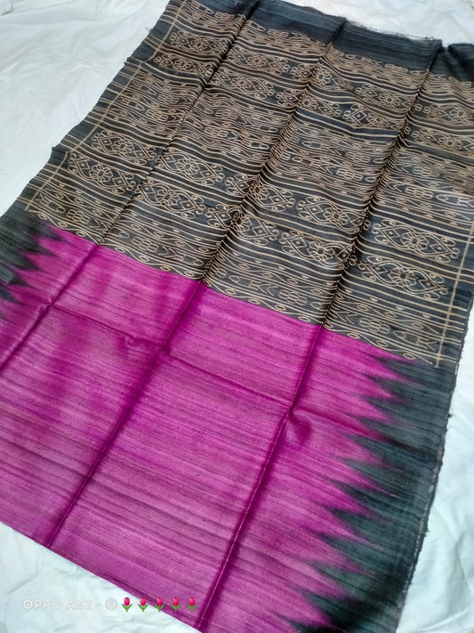 Pure tussar ghicha temple border ikkat print silk handloom saree with blouse pc.
Silk mark tag 
