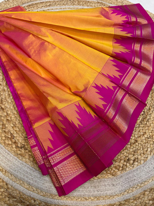 
*Big Temple Border Ilkal*

Exclusive silk ilkal saree 
Pure silk big temple border design superior quality ilkal saree
With contrast blouse 
6.10mtrs length 
Full body pure silk Border, pallu & blouse semi silk 